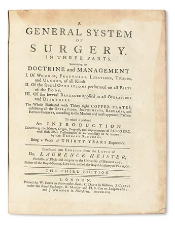 HEISTER, LORENZ.  The General System of Surgery . . . Third Edition.  1748